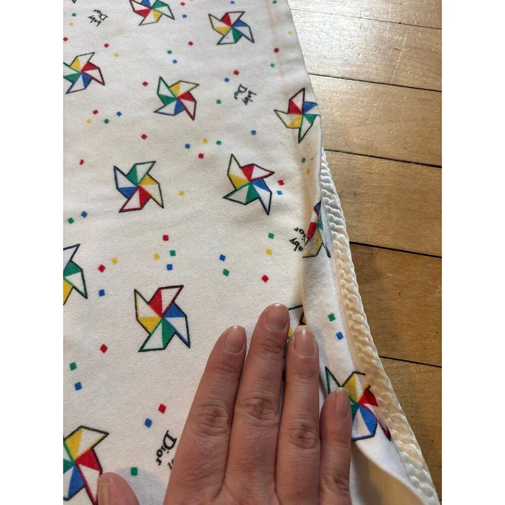 Vintage Dior Baby Blanket 100% Cotton White Satin Edge USA Pinwheels